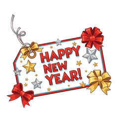 Vibrant Happy New Year tag with bows and stars on black