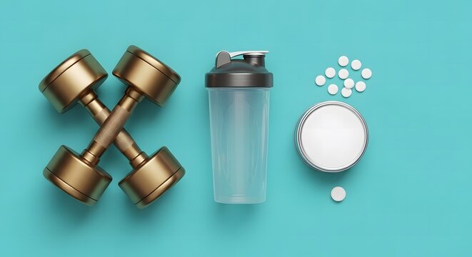 Fitness and nutrition flat lay Golden dumbbells, protein shaker, and supplements