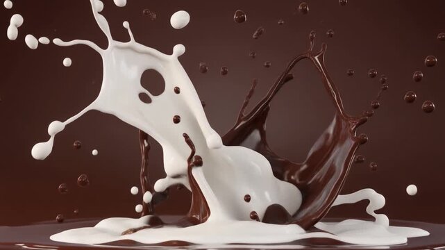 Dramatic Milk Splash Over Rich Chocolate Brown Background.