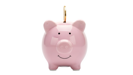 Cute pink ceramic piggy bank with a coin inserted, isolated on white