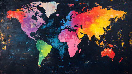 Vibrant world map with colorful continents on dark background