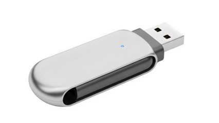 Silver USB flash drive with a blue LED indicator light, isolated on white