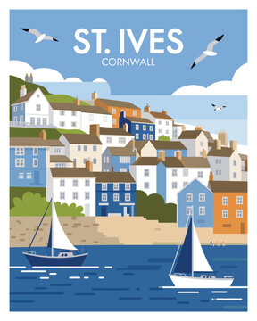 Retro style seaside landscape poster of St. Ives Cornwall with traditional architecture sailboats and seagulls for British tourism and home decor illustration.