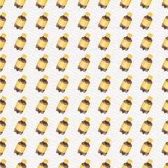 Seamless repeating pattern featuring yellow-labeled soda bottles arranged diagonally on a light textured background.