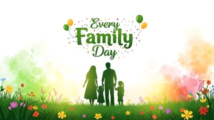 Happy family day with silhouette of parents and child in a field of flowers