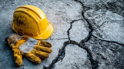Yellow hard hat and work glove rest on cracked concrete surface, symbolizing Labor Day and construction industry safety. Essential safety gear for builders, engineers, and.