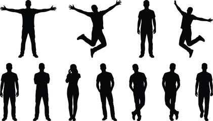 Human silhouette collection cad drawing flat vector illustration with standing jumping people poses black figures isolated design