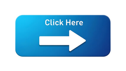 Blue button with white arrow and click here text isolated on transparent background