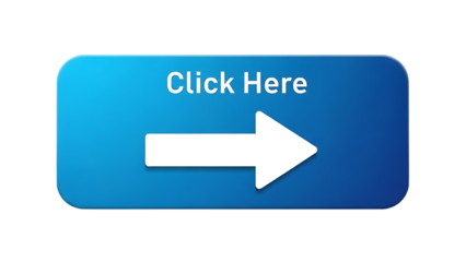 Blue button with white arrow and click here text isolated on transparent background