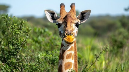 Young giraffe portrait in african savanna close up wildlife photography