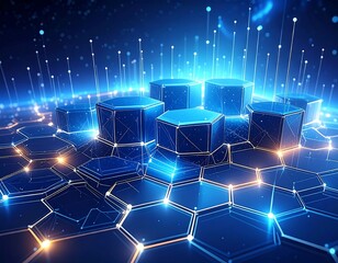 Futuristic digital hexagon grid with illuminated blue data structures