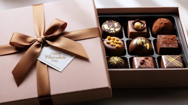 A gift box of assorted chocolates with a brown ribbon and tag that reads happy chocolate day on a white surface