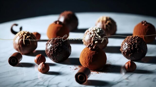 Assorted chocolate truffles on a marble surface with nuts and cocoa powder