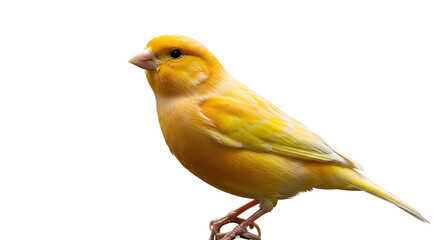 A vibrant yellow canary bird perched on a branch isolated on a white background.