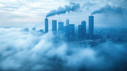 Fototapeta premium Cityscape emerging from fog aerial view of skyscrapers and smoke stacks