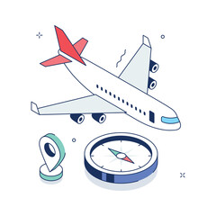 Isometric flight navigation illustration with airplane and compass