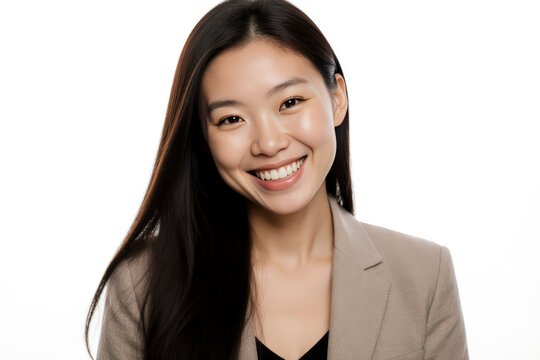 Portrait of authentic happy woman without makeup, smiling at camera, standing cute against white background.