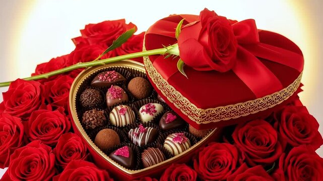 Heart shaped box of assorted chocolates and red roses on white background