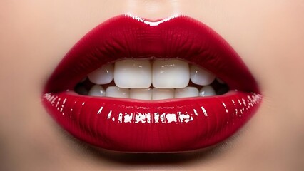 Obraz premium Close up of perfect red lips with white teeth and glossy lipstick.