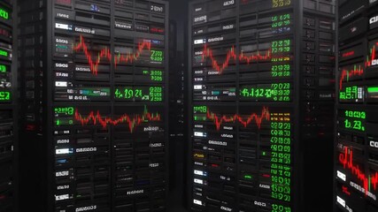 Data Center Servers with Stock Market Graphs and Financial Data Displays - Powered by Adobe