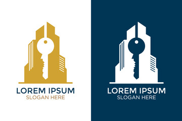Real Estate Key and City Skyscraper Logo Design Template for Property Business
