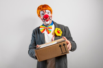 Clown delivering special surprise package to customer