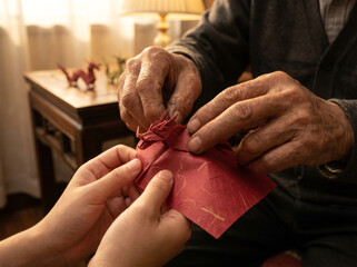 Close up of elderly hands teaching young generation how to fold paper origami dragon and holding red envelope during Chinese New Year.