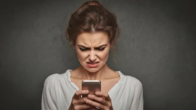 Young woman expressing frustration and disappointment while looking at her smartphone, reacting to bad news or a negative message on a neutral background.