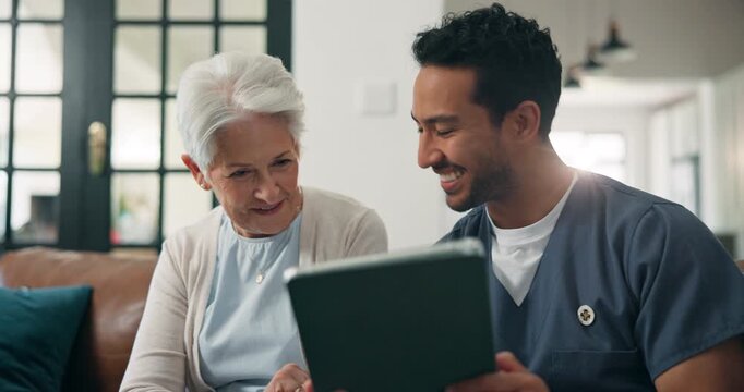 Smile, caregiver and old woman with tablet in home for good news, medical results and diagnosis. Happy, nurse and elderly person with digital for healthcare report, browsing web and assisted living