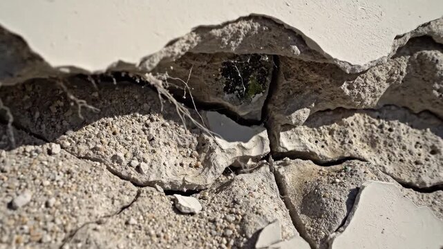 Cracked wall shows exposed gravelly material with remnants of white paint a hole reveals interior