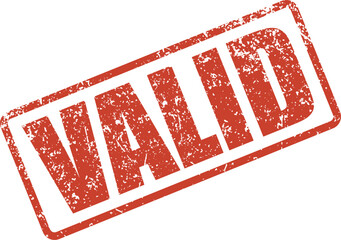 A vibrant red distressed rubber stamp with the capitalized word VALID inside a rectangular border