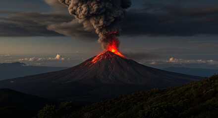 Volcano eruption with lava and smoke in a dramatic landscape