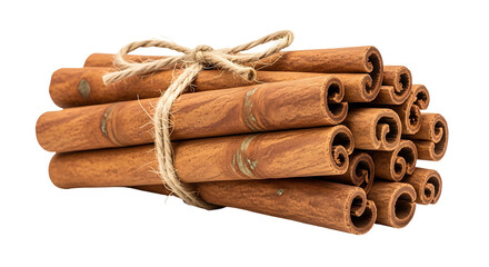 Aromatic bundle of cinnamon sticks tied with twine isolated on white.