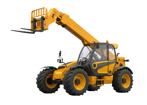 Yellow telehandler with extended boom transparent background cutout png