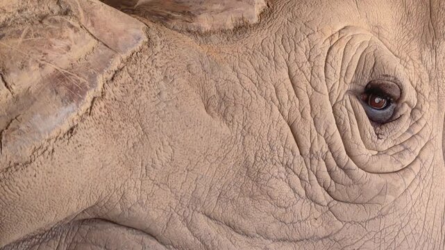 Close-up a white rhinoceros eye. Detail of rhinoceros eye and textured skin.