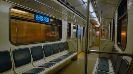 Empty Subway Train Interior with Blue Digital Display and Window View