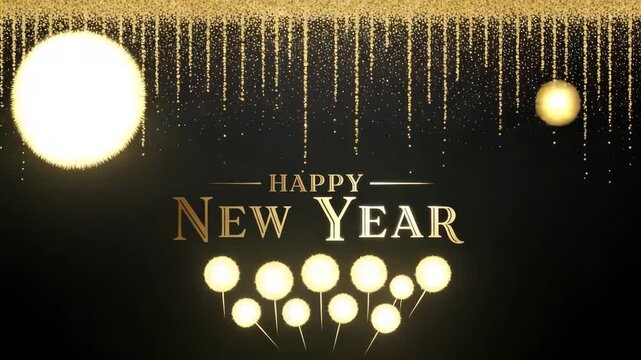 Happy new year celebration with gold balloons and confetti on black background