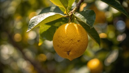 Closeup of a Ripe Lemon Hanging on a Tree Branch in Sunshine , Shallow DOF

