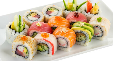 Assortment of Fresh Sushi Rolls and Nigiri on a White Plate.