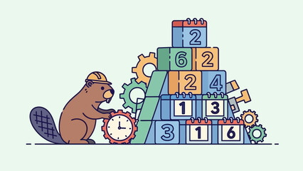 Playful beaver and friends stacking numbered blocks in a colorful cartoon scene.
