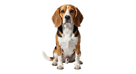 Beagle dog sitting on a white background looking directly at the camera.