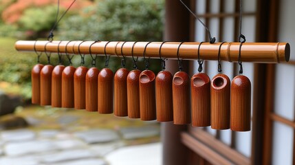 Naklejka premium Bamboo wind chime hanging outdoors calm peaceful sounds of nature