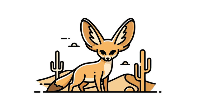 Cartoon fennec fox standing in a desert landscape with cactus.