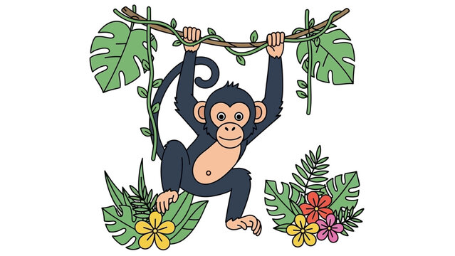 Playful cartoon monkey swinging from a vine among tropical leaves and flowers.