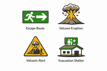 Volcanic eruption warning signs and emergency response icons © Sulis