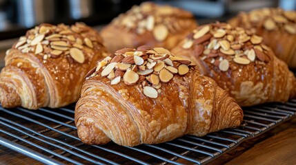 Fototapeta premium Golden Almond Croissants Freshly Baked on a Rack