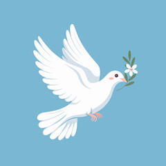 Obraz premium A serene white dove gracefully soaring through the clear blue sky, holding an olive branch, symbolizing peace, hope, and tranquility in our world today.