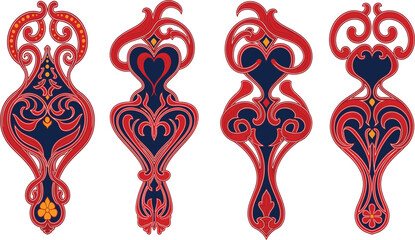 Set of Ornate Floral and Damask Motifs Featuring Intricate Navy Blue and Red Scrollwork for Textile and Luxury Design.