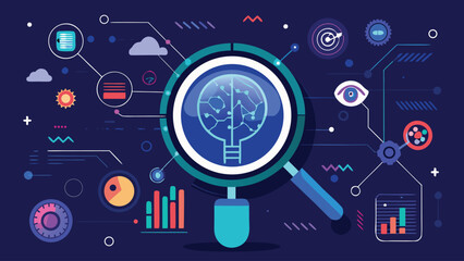 Obraz premium Magnifying glass over a brain icon, surrounded by various smaller icons representing knowledge and learning..eps