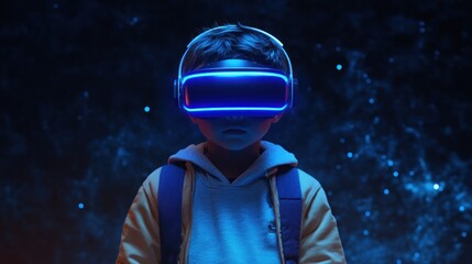 Boy wearing virtual reality headset in futuristic setting